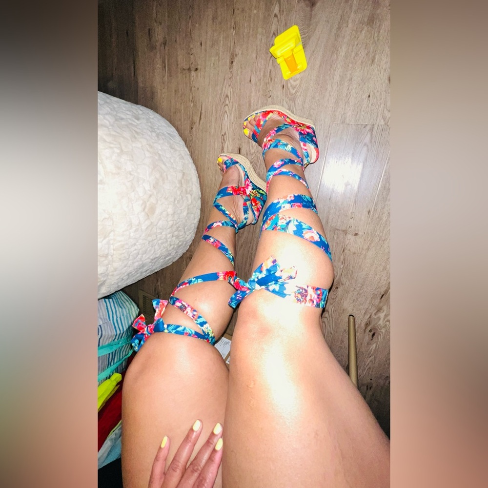 Chase + Chloe Blue Floral Wedge Sandals